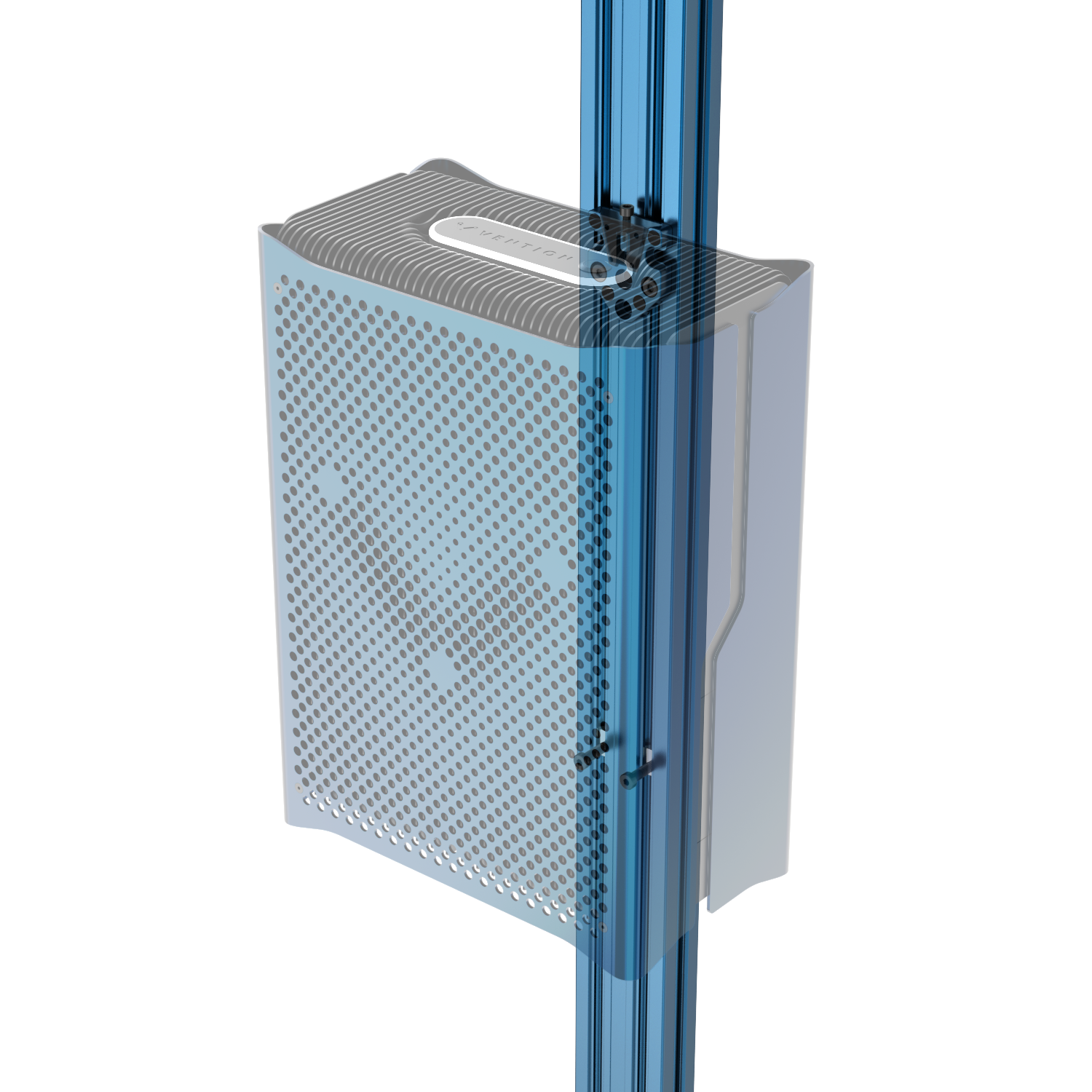 A detailed view of a compact speaker mounted on a vertical pole.